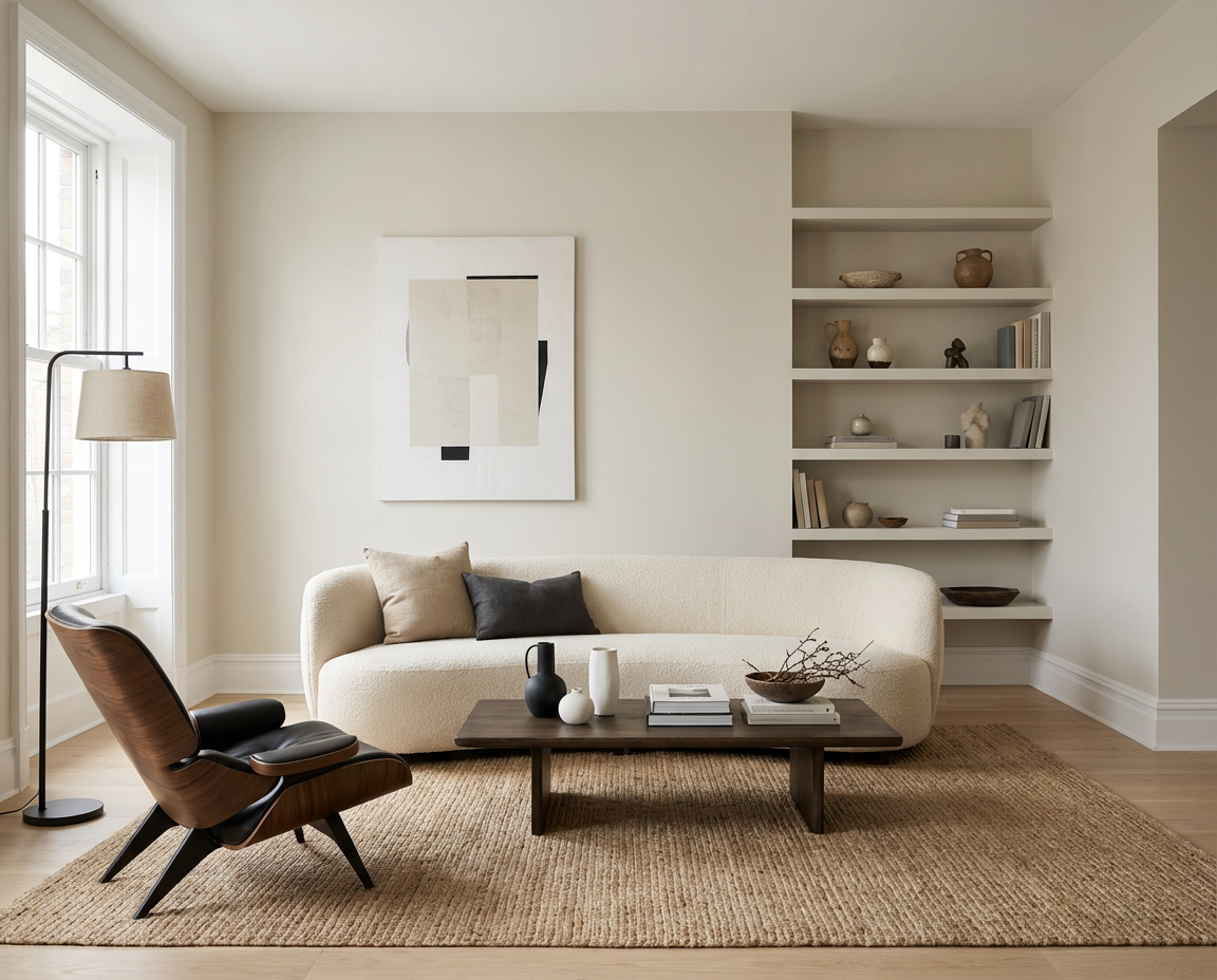 Sanft und hell wirkt die Wandfarbe Neige Douce – ein warmer, cremiger Off-White-Ton, realisiert mit re-box aus der DIY Renovierungsbox, der den Wohnraum ruhig strukturiert und Möbel sowie Tageslicht klar hervorhebt.