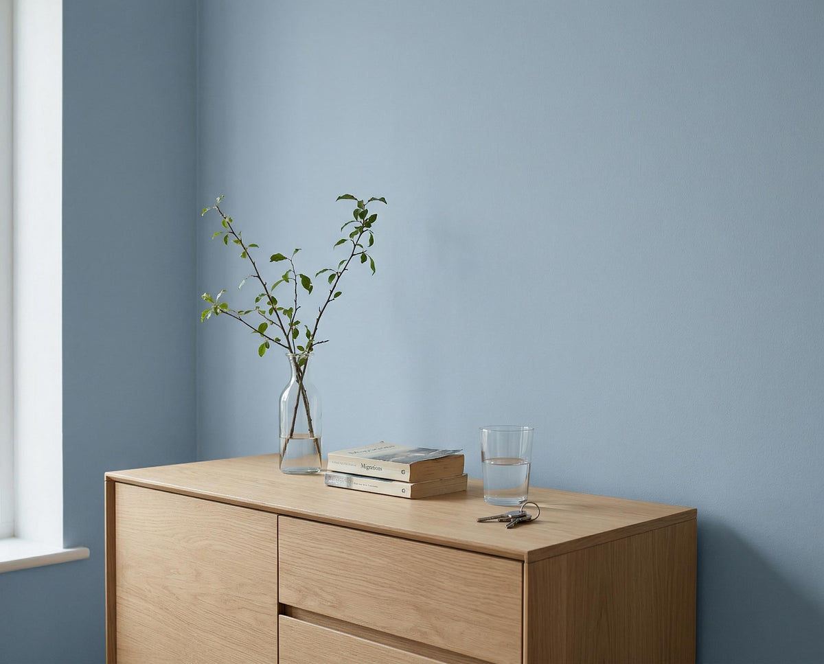 Wandfläche in re-box Wandfarbe Azure Bay No. 25 – kühles Azurblau