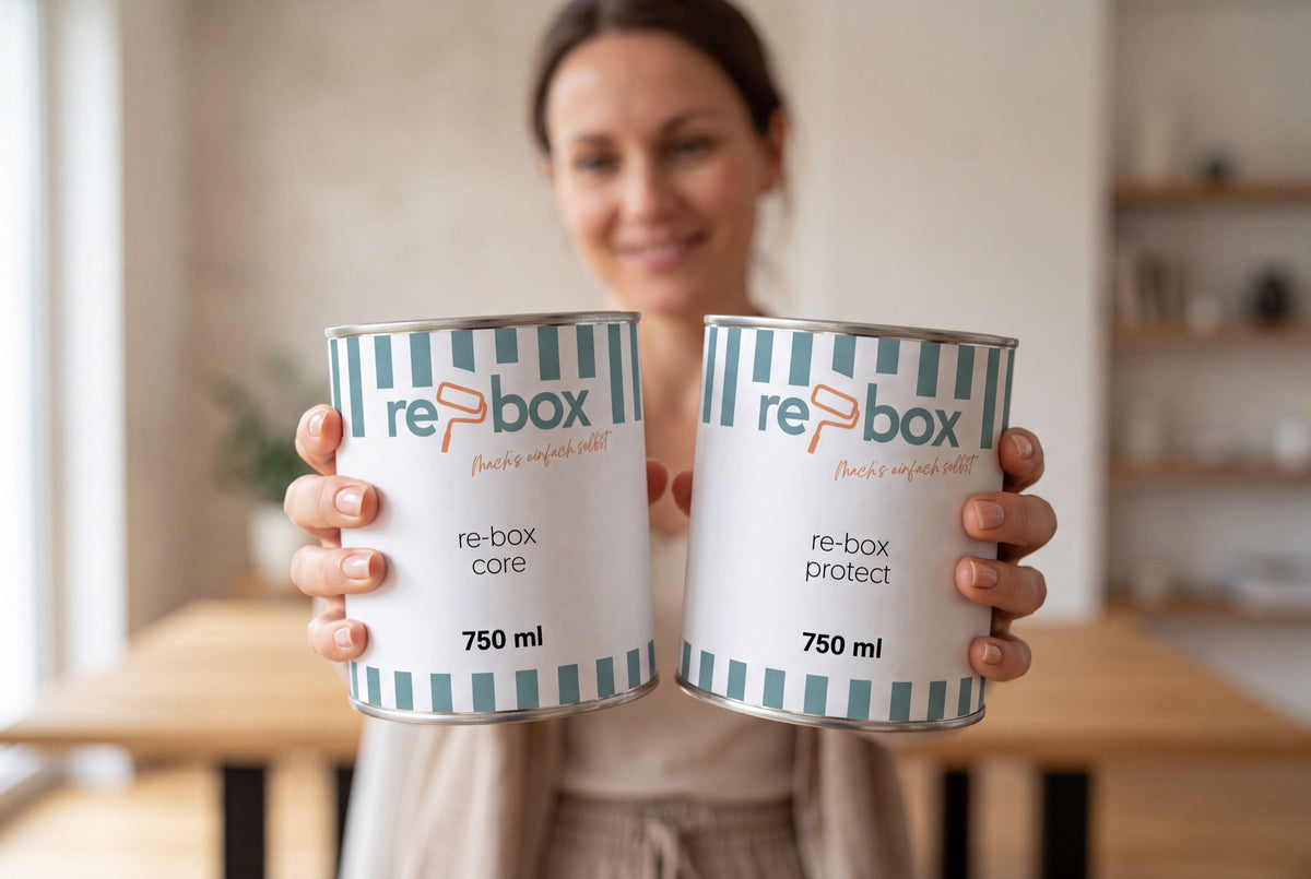 Frau hält zwei re-box Grundierungen in 750 ml – re-box core und re-box protect für die Wandvorbereitung