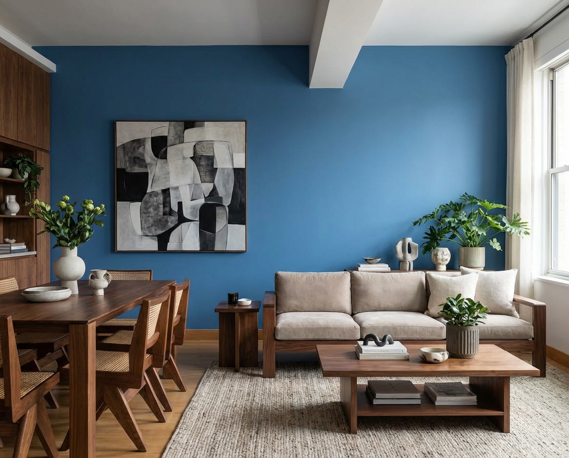 Offener Wohn- und Essbereich mit Holzmöbeln, Sofa und Pflanzen vor Wänden in Blooming Tisane, einem satten blauen Farbton – DIY-renoviert mit re-box.