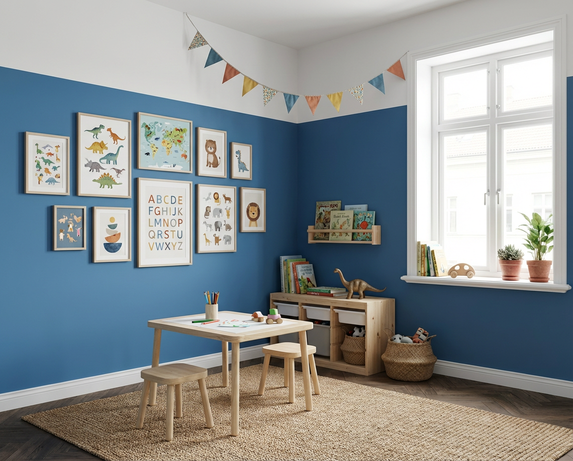 Holztisch mit Kinderhockern, Bücherregal und Spielzeug stehen vor Wänden in Blooming Tisane, einem frischen blau-Ton aus der re-box Renovierungsbox.