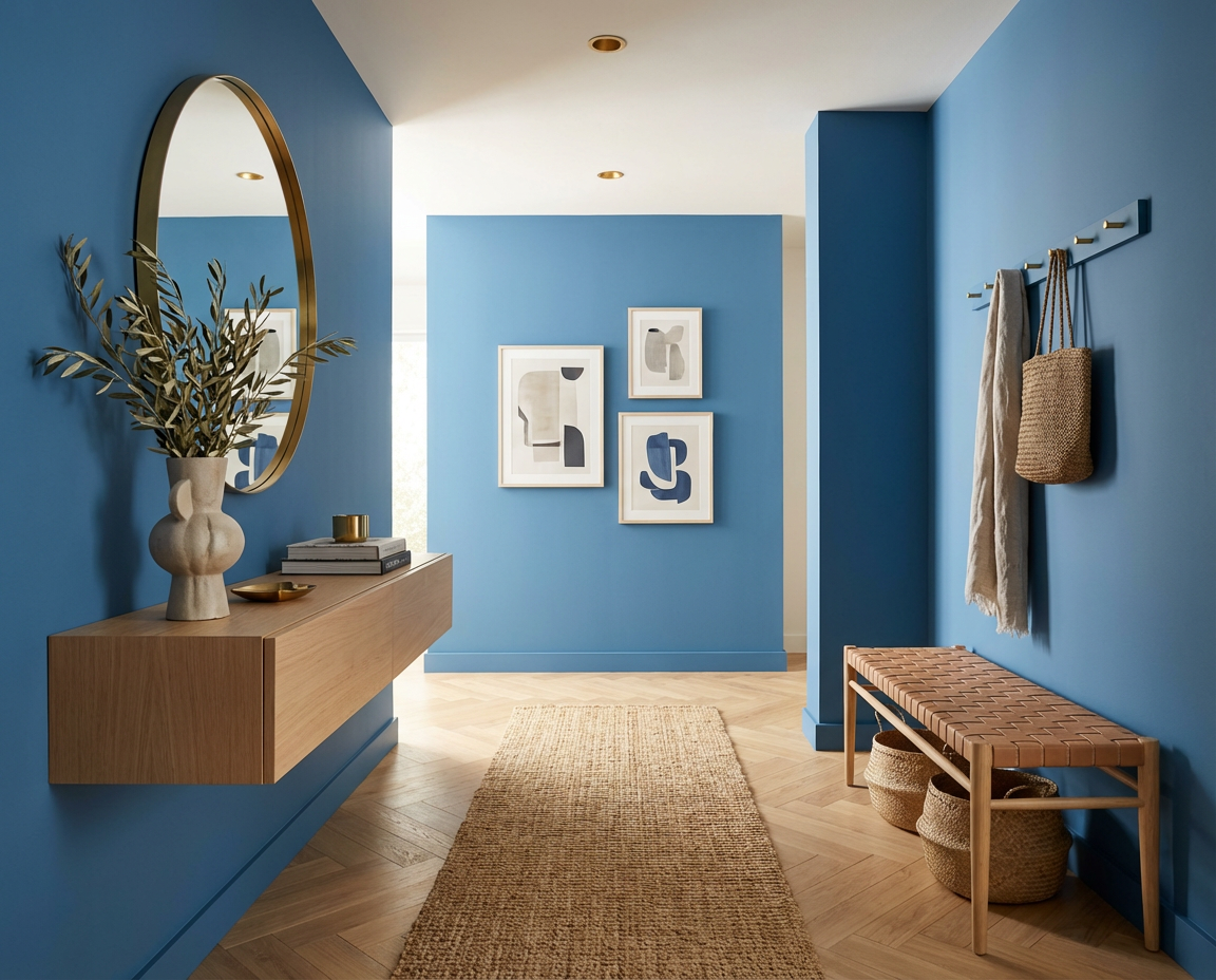 Heller Flur mit Holzbank, Konsole und Rundspiegel, gestrichen in der Wandfarbe Blooming Tisane in einem frischen blau, leicht petroligen Farbton – DIY-renoviert mit re-box.