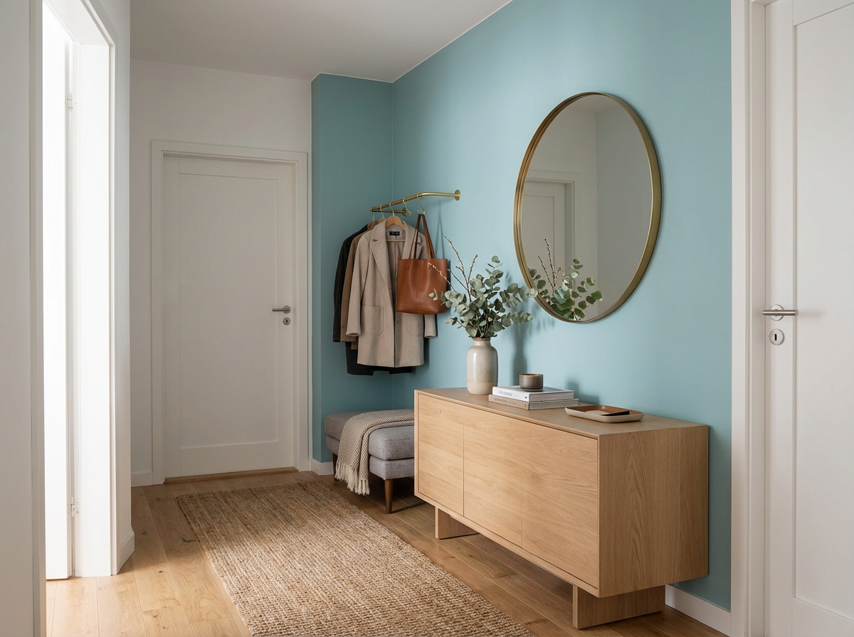 Interieur mit Wand in re-box Wandfarbe Brise d’Été No. 61 – frisches, helles Sommerblau