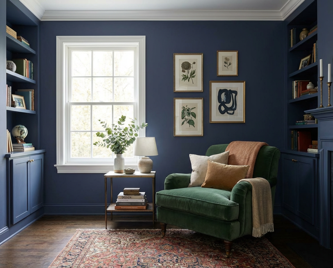 Die Wandfarbe Cobalt Husk in königsblauem Ton prägt diesen DIY-renovierten Wohnbereich mit Sessel, Bücherwand und ruhiger Atmosphäre – mit der Renovierungsbox von re-box.