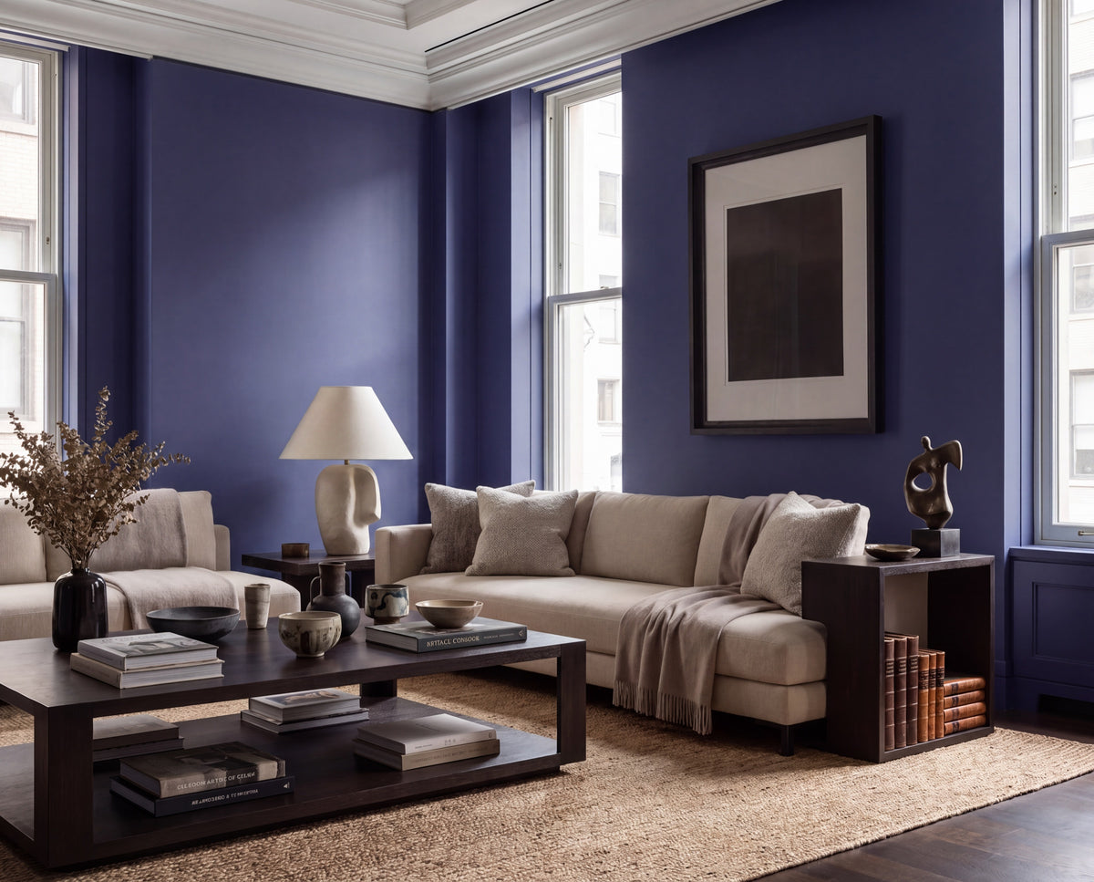 Geprägt von der Wandfarbe Cobalt Husk zeigt dieser Wohnraum eine DIY-Renovierung mit tiefem Blau, klassischer Architektur und zeitlosem Interior – re-box.