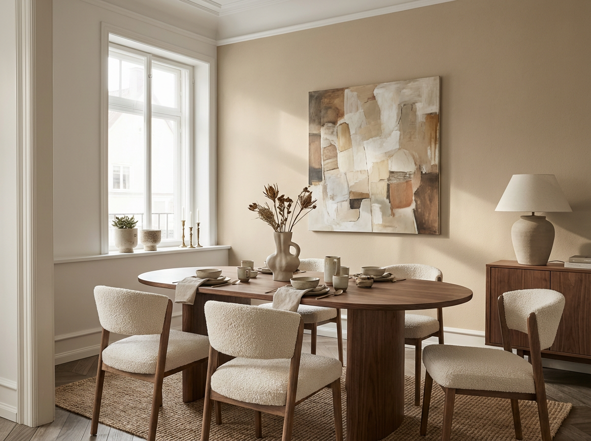 Raumansicht mit Wand in re-box Wandfarbe Craie Ancienne No. 60 – warmes, sandiges Beige