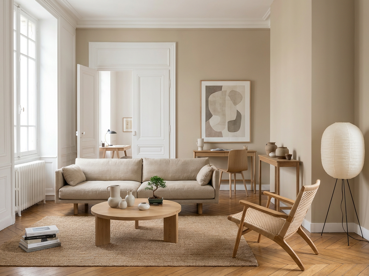 Interieur mit Wand in re-box Wandfarbe Craie Ancienne No. 60 – warmes, sandiges Beige