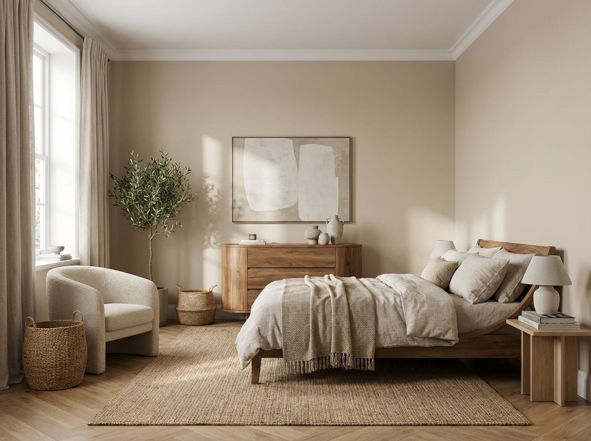 Wohnraum gestaltet mit re-box Wandfarbe Dennis Premier Choix No. 1 – warmes Beige