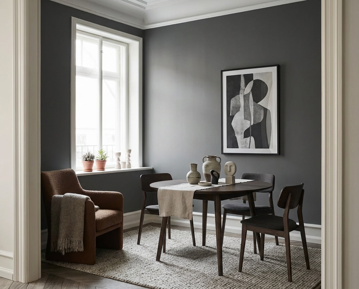 DIY-renoviertes Esszimmer mit der Wandfarbe Gutter Black, dunkler Grauton, Holztisch und minimalistische Einrichtung – umgesetzt mit re-box Renovierungsbox.