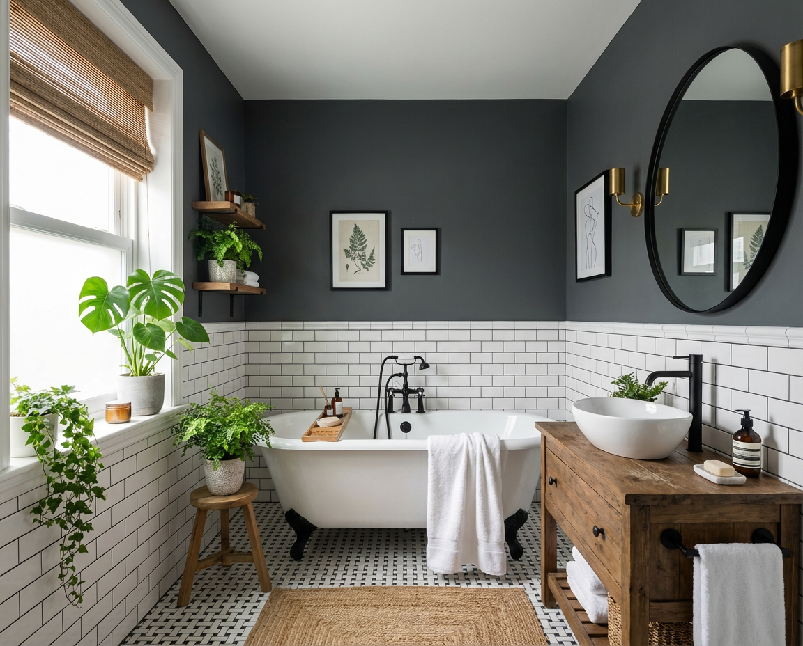 DIY-renoviertes Badezimmer mit der Wandfarbe Gutter Black, dunkle Akzentwand, freistehende Badewanne, Holzwaschtisch und weiße Fliesen – umgesetzt mit re-box Renovierungsbox.