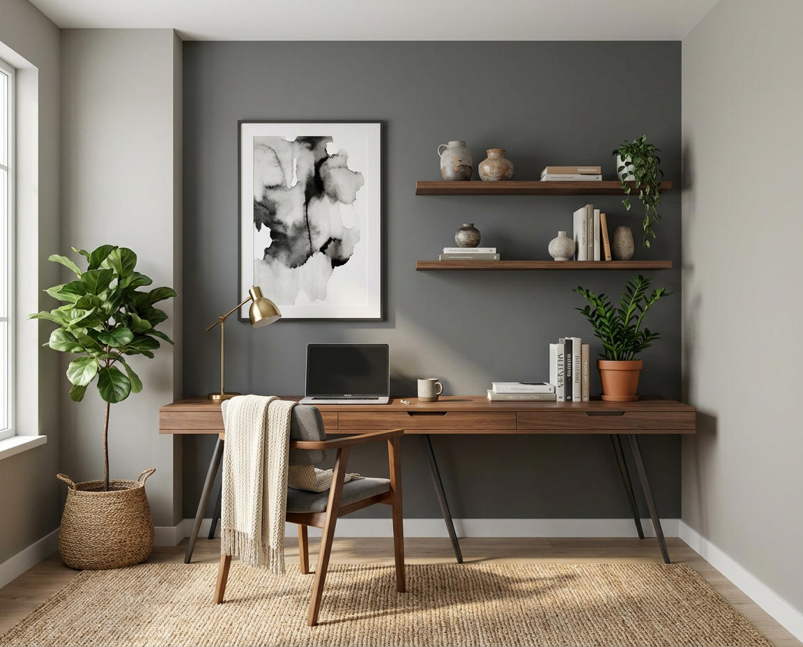 DIY-renoviertes Homeoffice mit der Wandfarbe Gutter Black, graue Akzentwand, Holzschreibtisch, Wandregale und moderne Einrichtung – umgesetzt mit re-box Renovierungsbox.