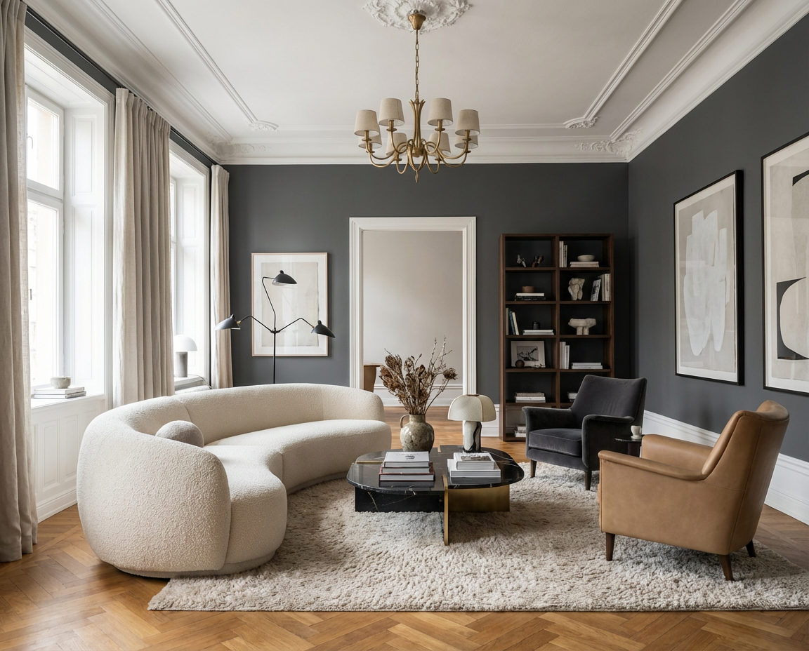 DIY-renovierter Wohnraum mit der Wandfarbe Gutter Black, dunkler Grauton trifft auf warmes Interior – renoviert mit der re-box Renovierungsbox.