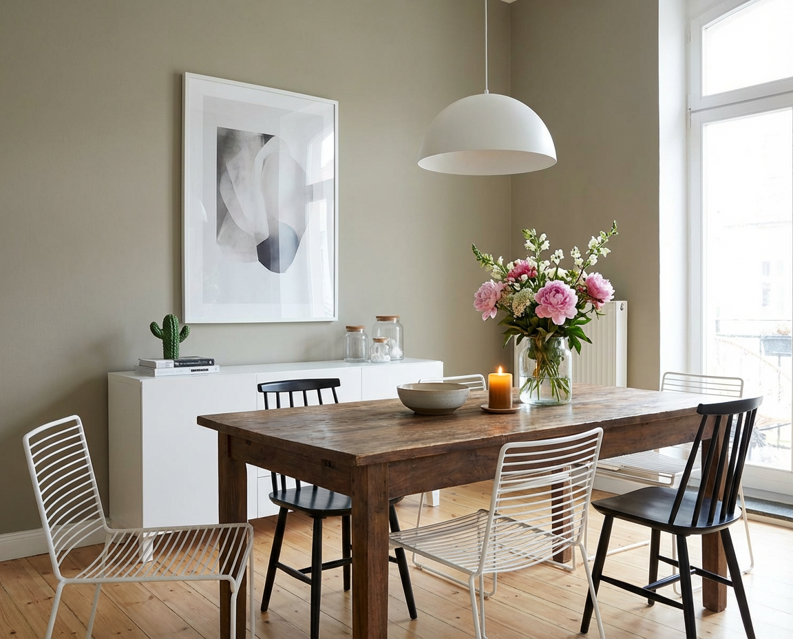 Helles Esszimmer nach DIY-Renovierung mit neu gestrichener grauer Wand, massivem Holztisch, modernen Stühlen und ruhiger Wohnatmosphäre – realisiert mit re-box.
