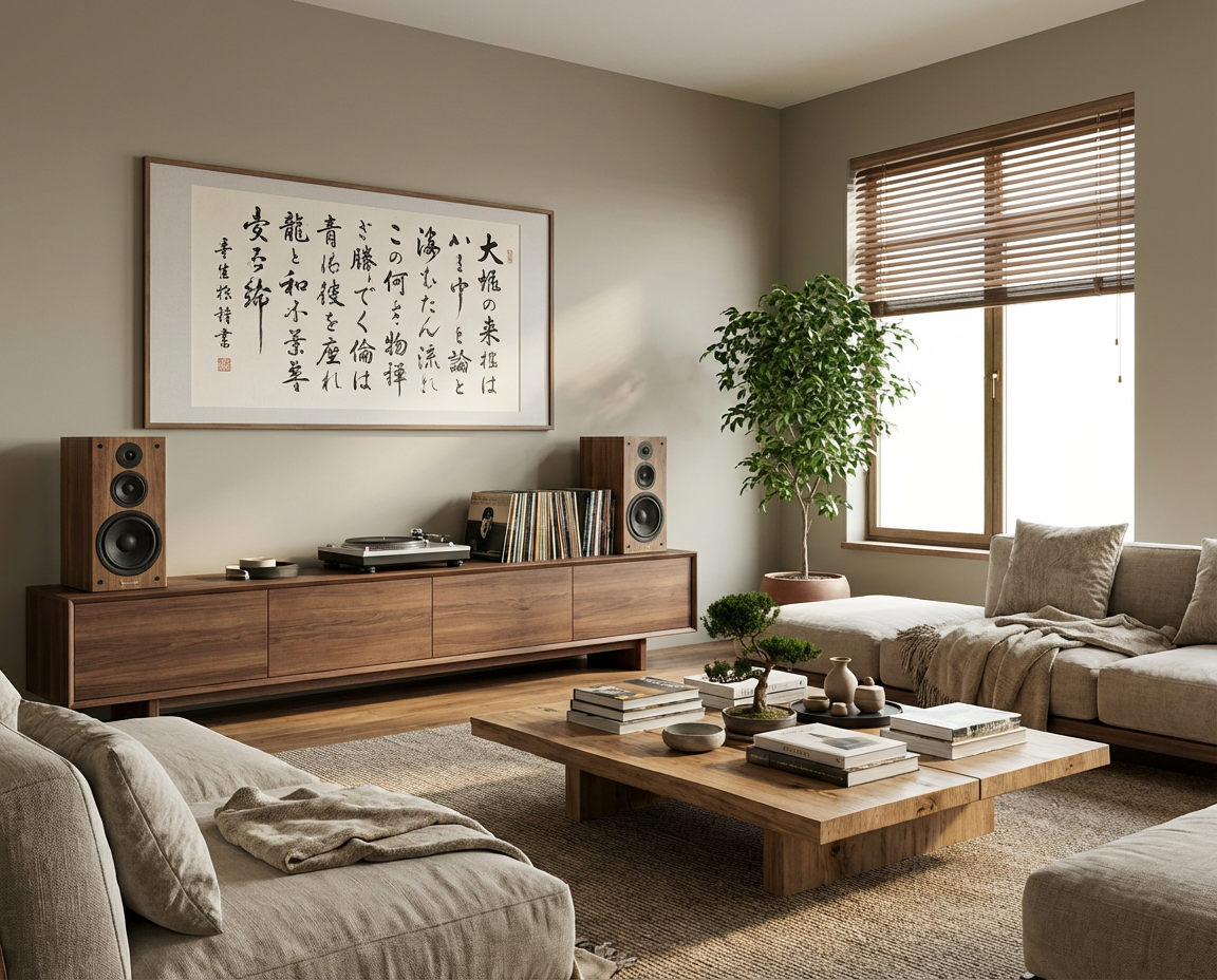 Wohnzimmer nach DIY-Renovierung mit warmgrauer Wandfarbe, Holzmöbeln, Sofa in Naturtönen, Plattenspieler und minimalistischer Einrichtung – umgesetzt mit re-box Renovierungsbox.