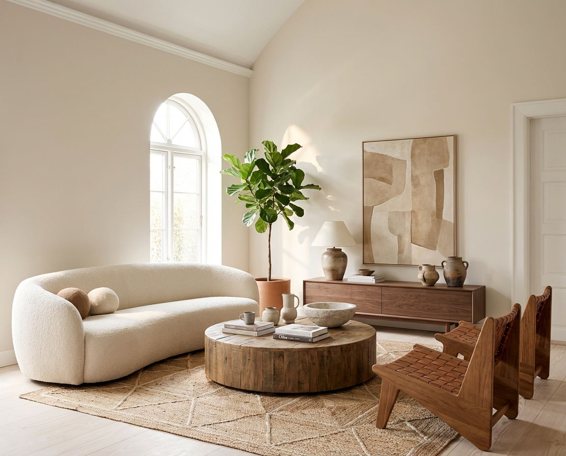 Wandfarbe Neige Douce – ein warmer, heller Off-White-Ton aus re-box der DIY Renovierungsbox, der den Wohnraum ruhig aufhellt und natürliche Materialien wie Holz, Textilien und Pflanzen weich hervorhebt.