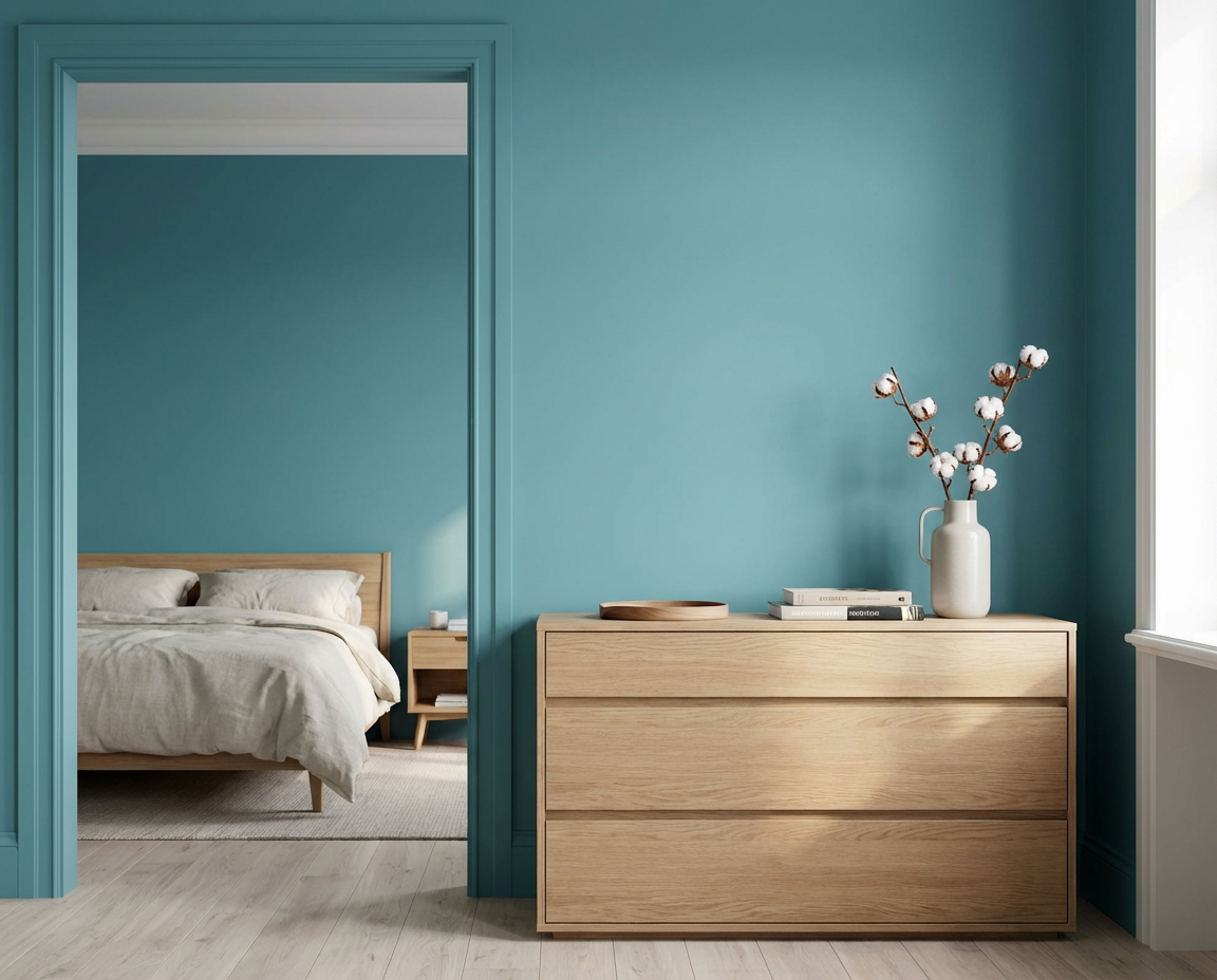 Flur mit Blick ins Schlafzimmer, gestrichen in der Wandfarbe Nice Breeze in türkis-blaugrünem Farbton, DIY-renoviert mit re-box Renovierungsbox, Holzmöbel und Tageslicht.
