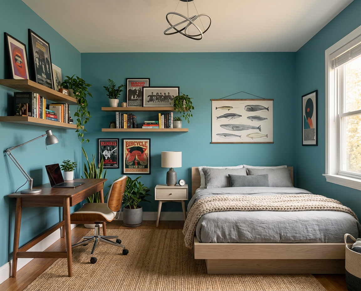 Teenager Schlafzimmer mit der Wandfarbe Nice Breeze in einem frischen türkis-blaugrünen Farbton, DIY-renoviert mit re-box Renovierungsbox, Bett, Homeoffice-Schreibtisch und Wandregalen.
