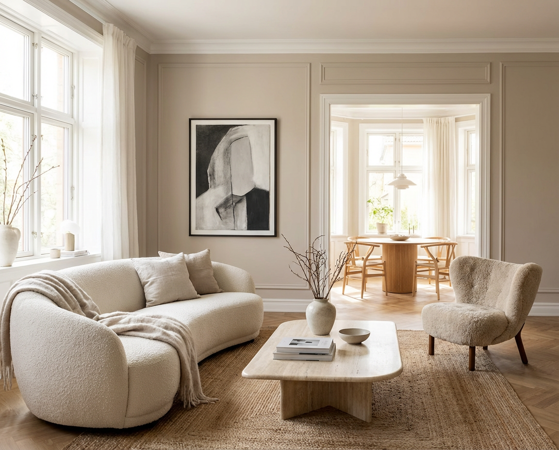 Wandfarbe Pierre Douce – ein warmer, heller Beige Greige-Ton mit weicher, ruhiger Ausstrahlung, umgesetzt mit re-box aus der DIY Renovierungsbox und kombiniert mit hellem Wohnraum, Stuckdetails und natürlichem Licht.