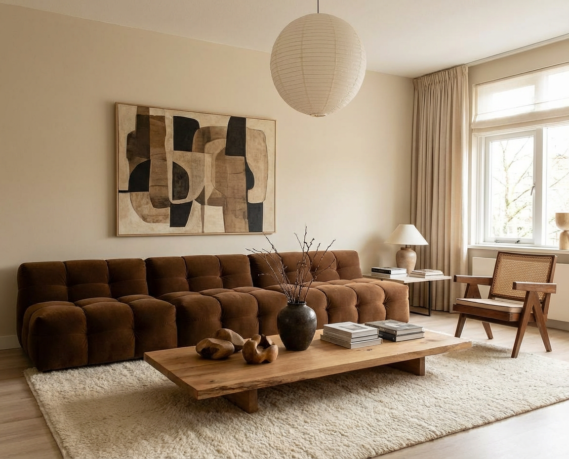 Wohnzimmer mit braunem Sofa, Holztisch und hellem Teppich vor einer Wand in der Wandfarbe Pierre Douce, einem warmen Beige Greige-Steinton, umgesetzt mit re-box aus der Renovierungsbox.