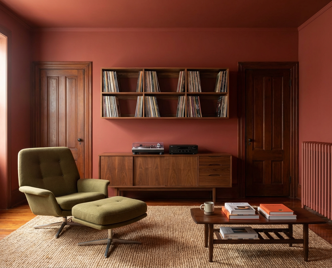 Wohnzimmer mit der Wandfarbe Pimento Glow, DIY-renoviert mit re-box Renovierungsbox, Mid-Century-Möbel, Plattenspieler und warme Holzoberflächen.