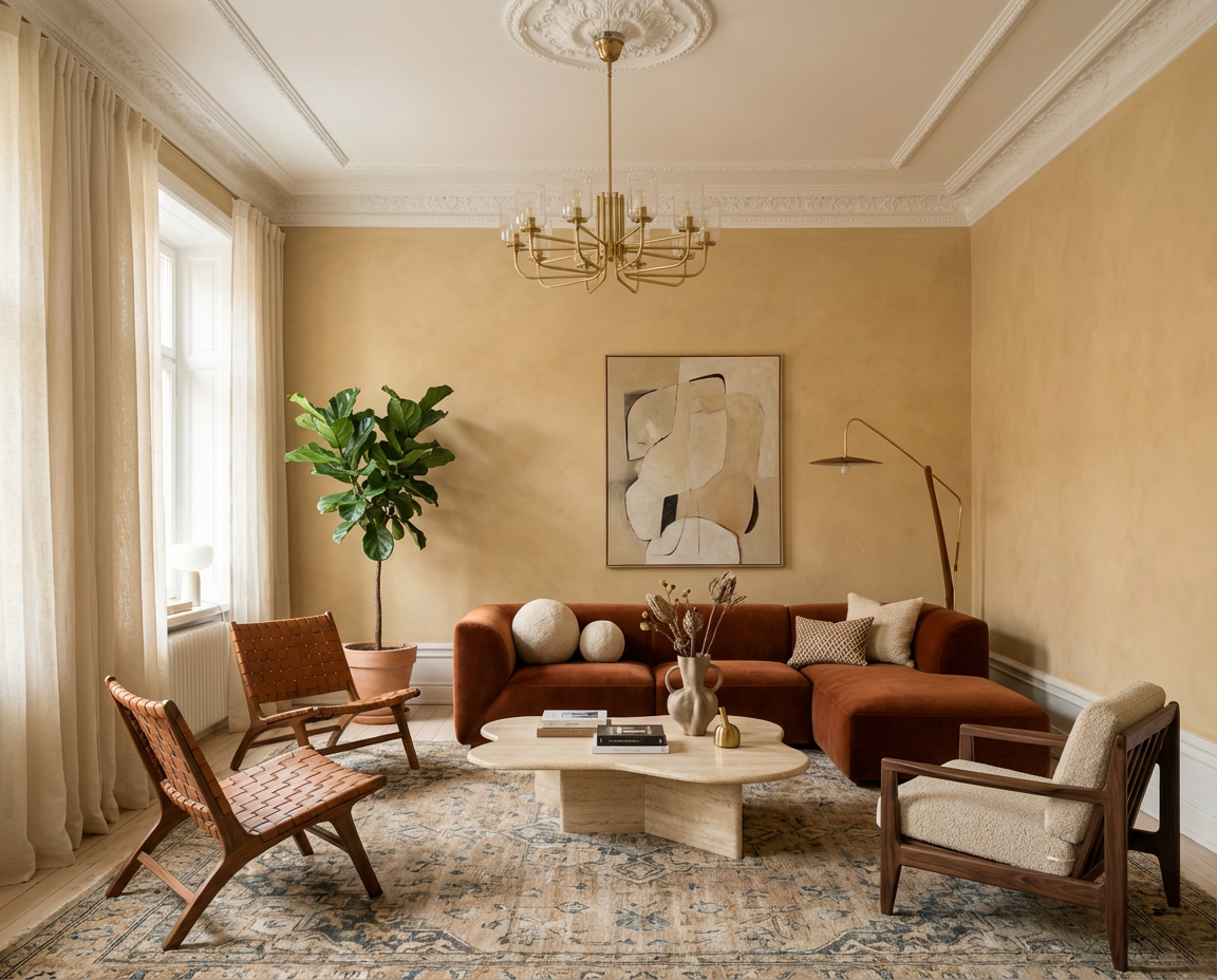 DIY-renoviertes Wohnzimmer mit der Wandfarbe Saffron Glow, warmer Gelbton, Sofa in Naturfarben und stilvolle Einrichtung – umgesetzt mit re-box Renovierungsbox.
