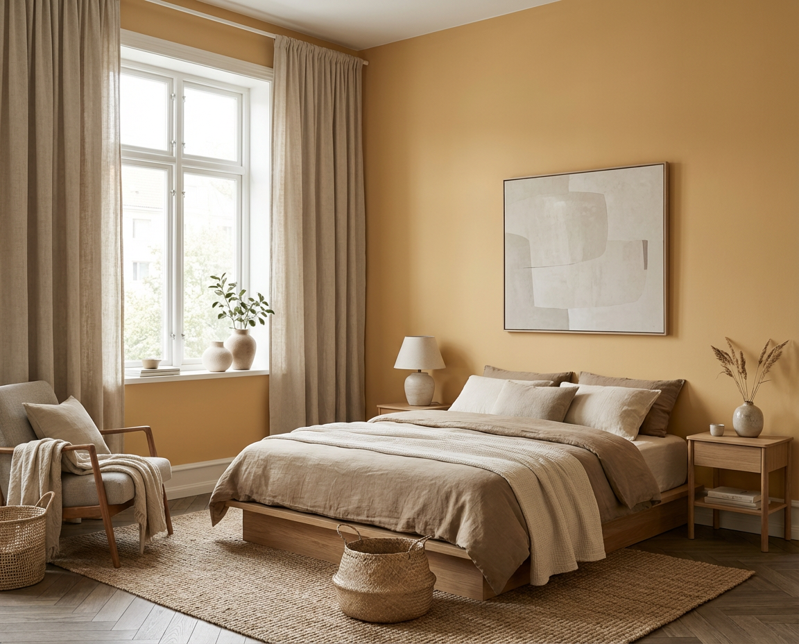 Warm und ruhig wirkt das Schlafzimmer mit der Wandfarbe Soleil Doux, einem weichen, sonnigen Gelbton, der als matte Wandfarbe von re-box aus der DIY Renovierungsbox die Wandflächen gleichmäßig färbt und natürliches Licht, helle Textilien sowie Holzmöbel sanft hervorhebt.