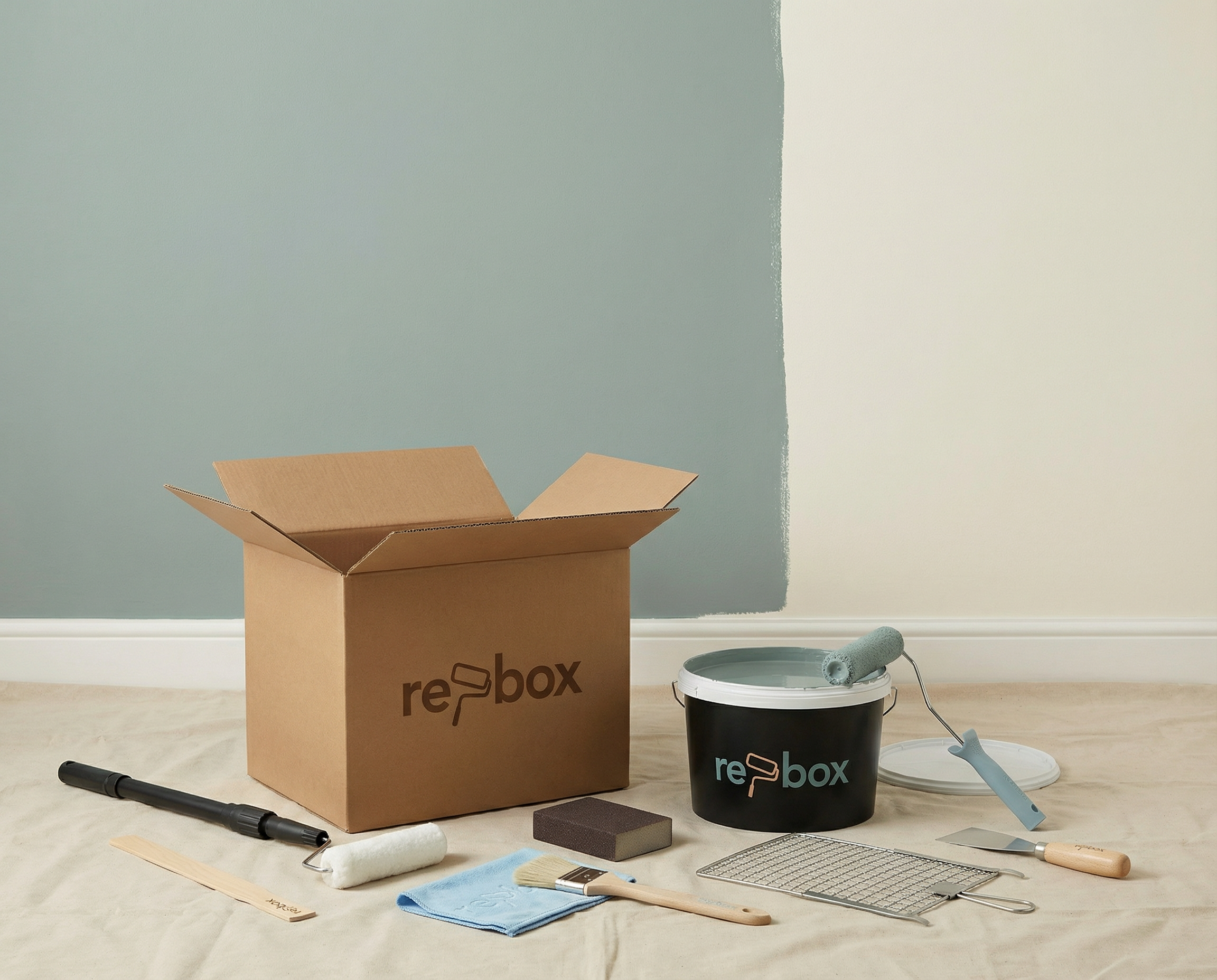Produktansicht der re-box Mood-Booster Box mit Trendfarben wie Neo Mint und Digital Lavender