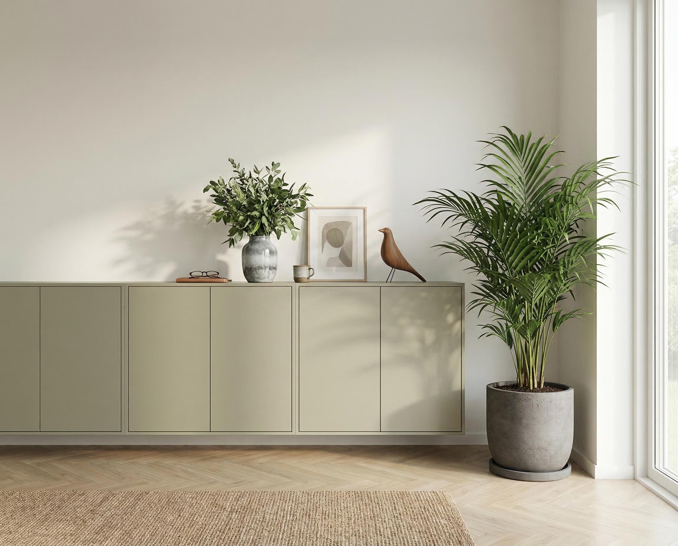 Möbelstück gestaltet – re-box Lack Harbour Grey No. 31, seidenglänzend, Farbton ausgewogenes Mittelgrau, für Möbel & Holz