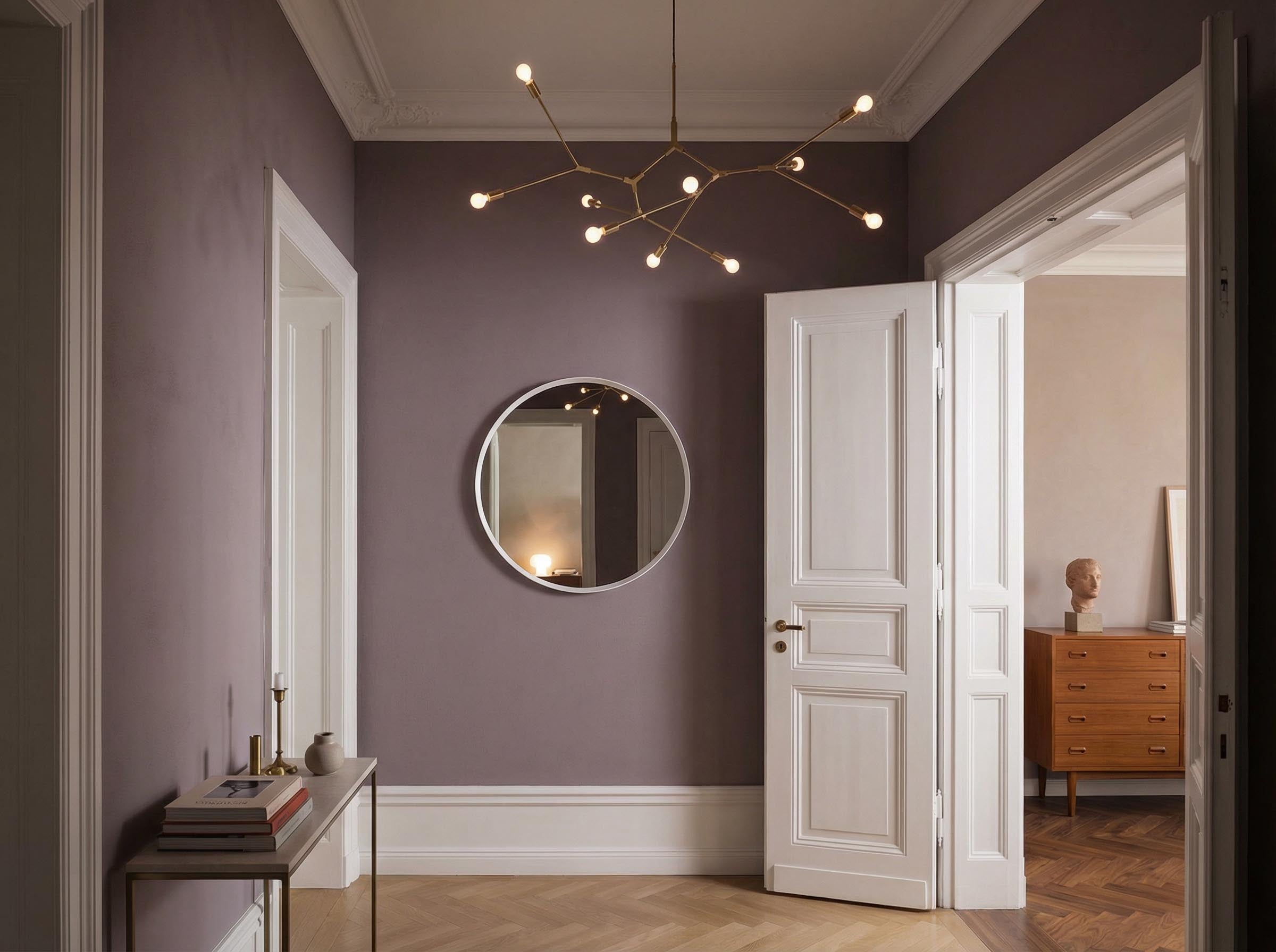 Flur mit Wand in re-box Wandfarbe Aubergine Mist No. 20 – sanftes Aubergine-Violett
