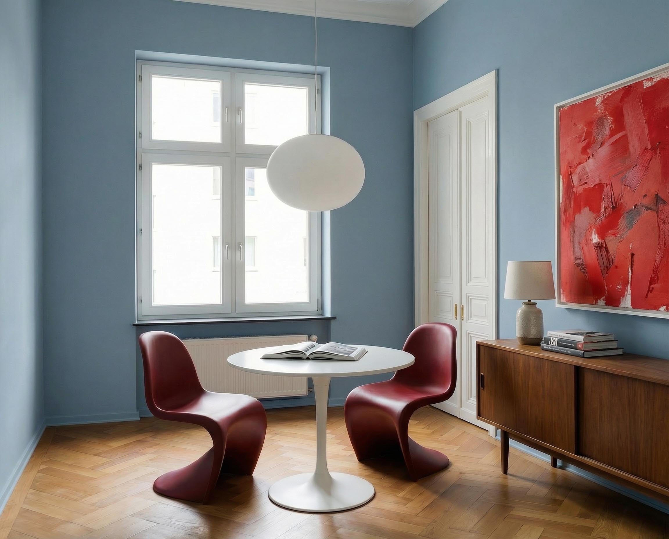Esszimmer mit Wand in re-box Wandfarbe Azure Bay No. 25 – kühles Azurblau