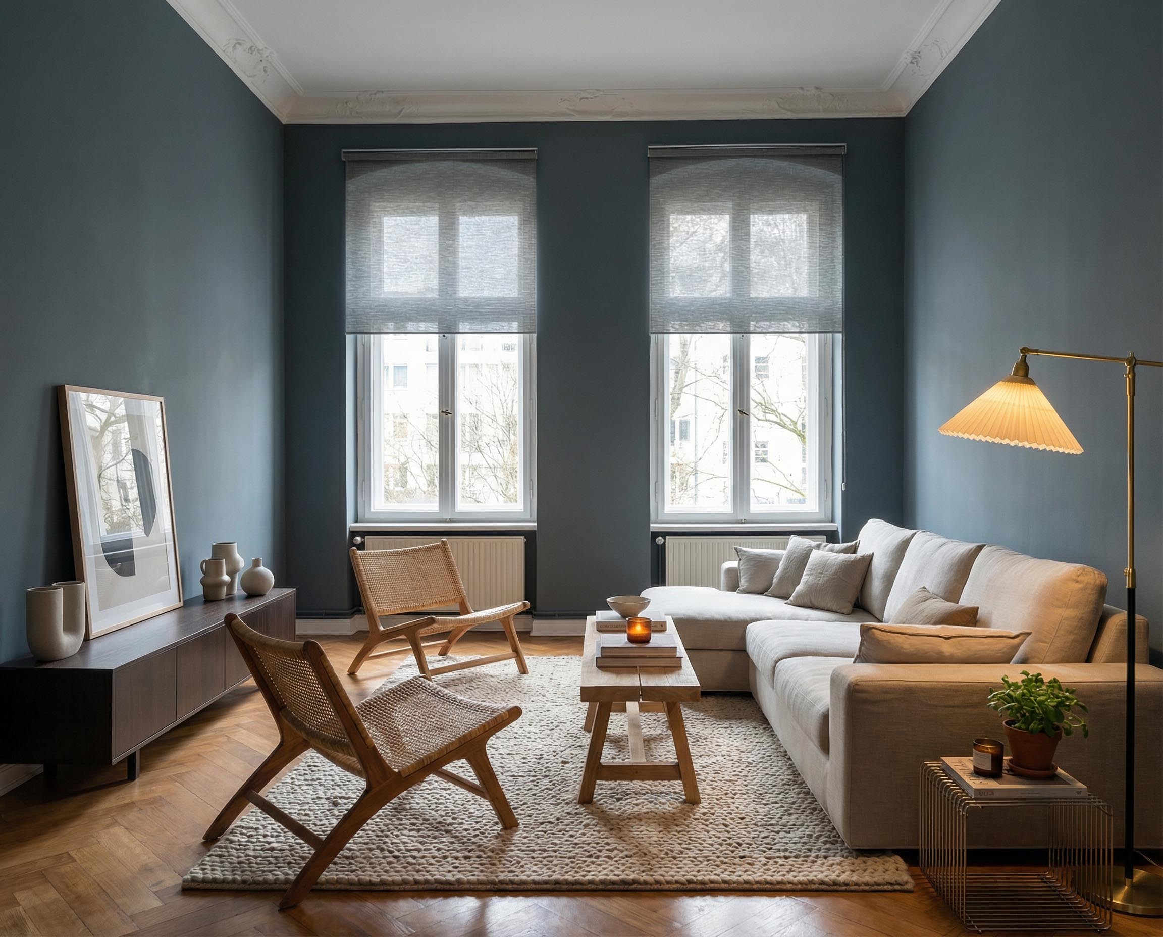 Wohnzimmer mit Wand in re-box Wandfarbe Baltic Midnight No. 24 – tiefes Mitternachtsblau