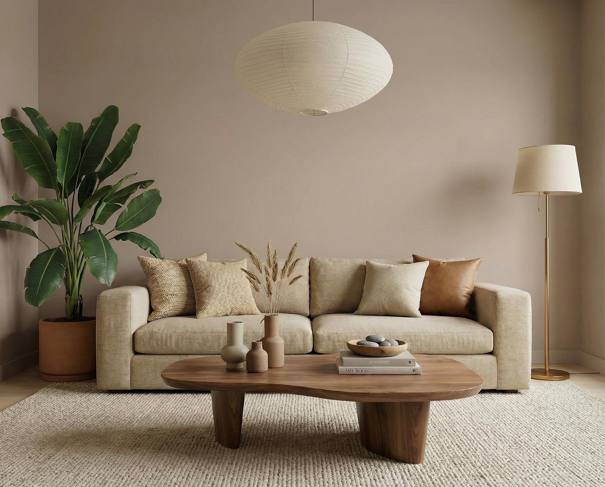 Wohnzimmer mit Wand in re-box Wandfarbe Canvas Cover No. 30 – warmes Beige-Oliv