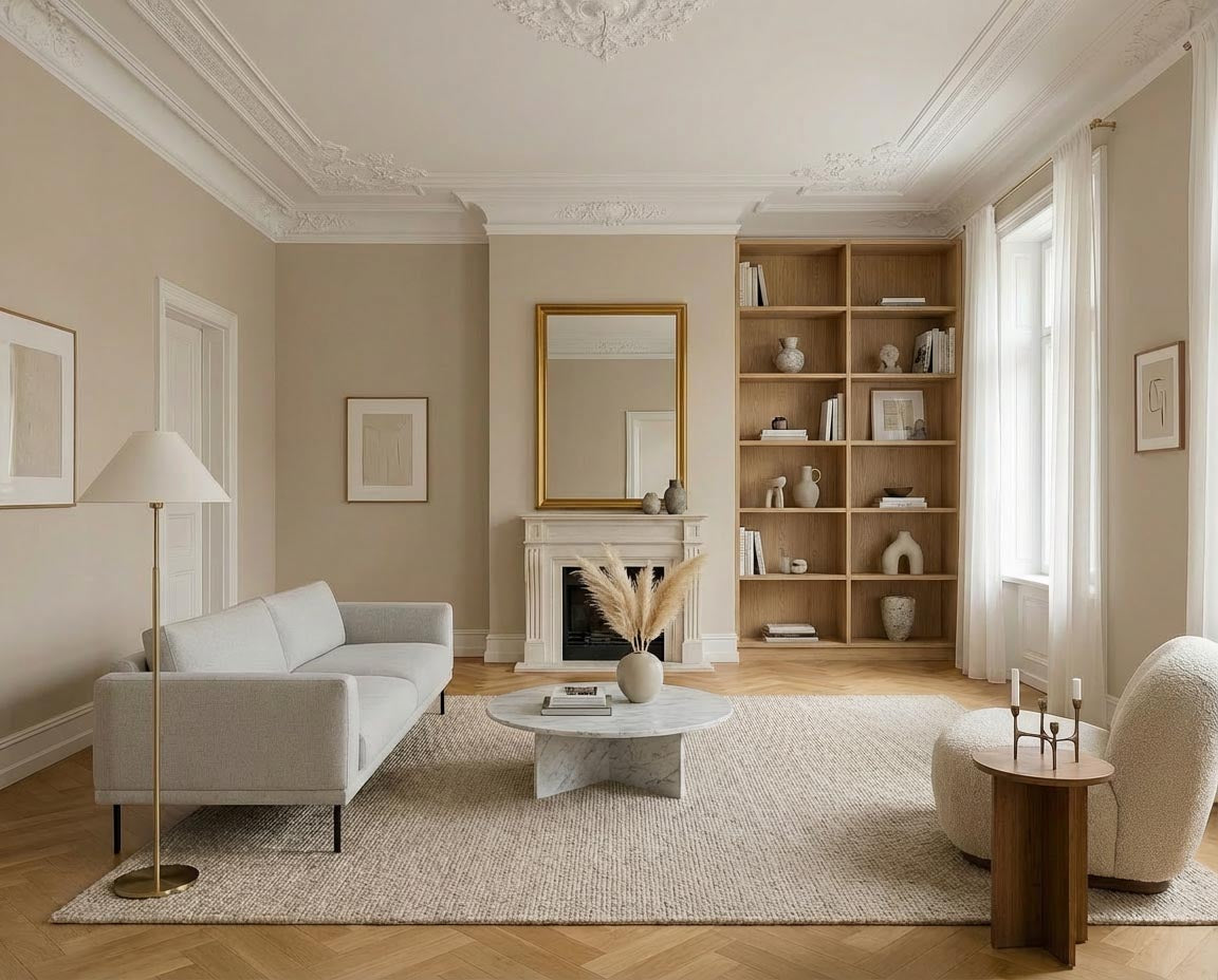 Wohnzimmer mit Wand in re-box Wandfarbe Dennis Premier Choix No. 1 – warmes Beige
