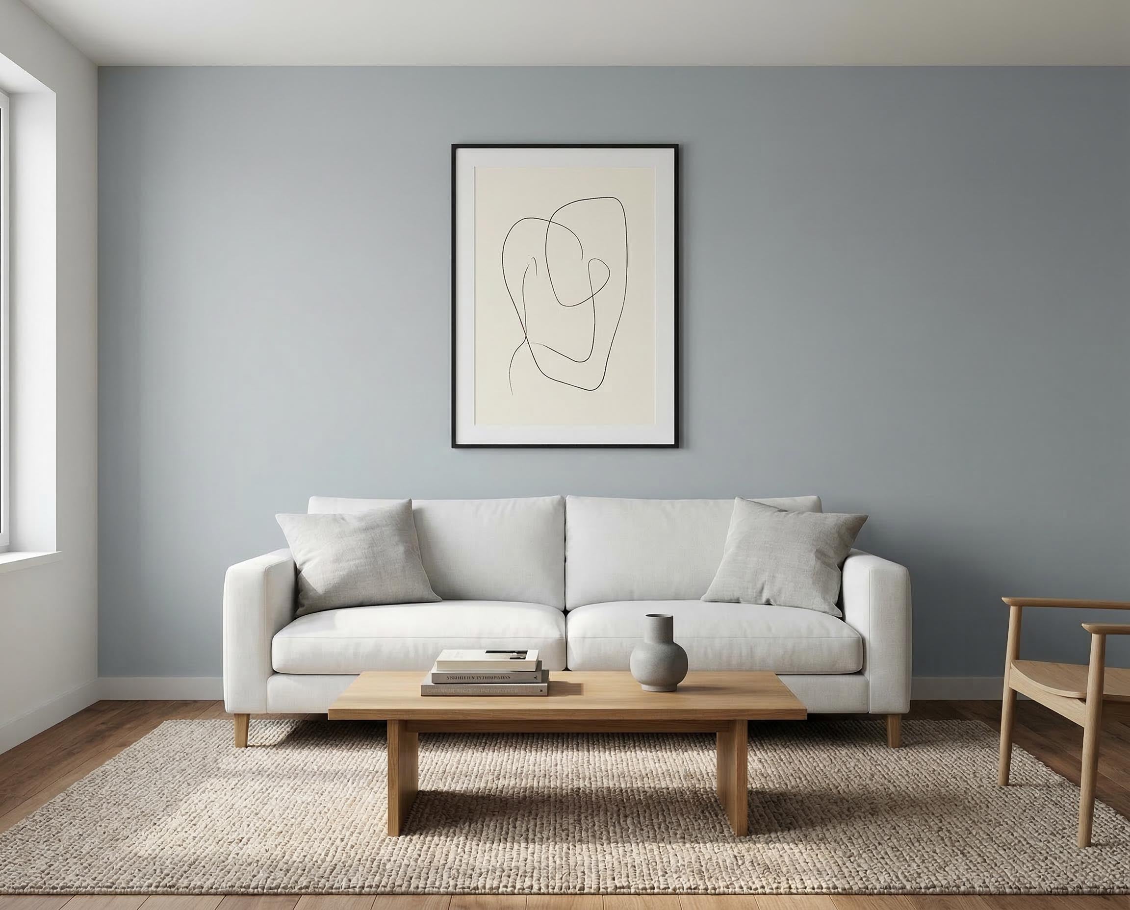 Wohnzimmer mit Wand in re-box Wandfarbe Dove Horizon No. 26 (sanftes Himmelblau)