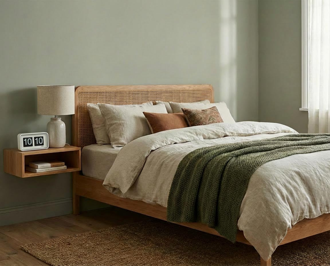 Schlafzimmer mit Wand in re-box Wandfarbe Everdell No. 5 – warmes, erdiges Grün