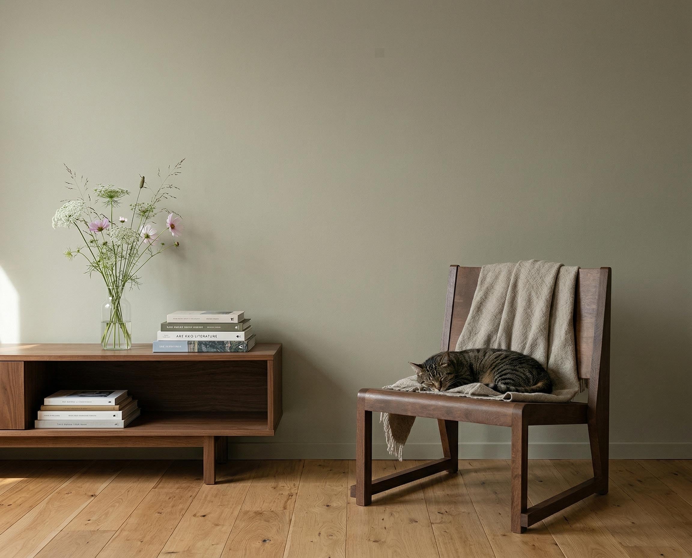 Wohnzimmer mit Wand in re-box Wandfarbe Everdell No. 5 – warmes, erdiges Grün