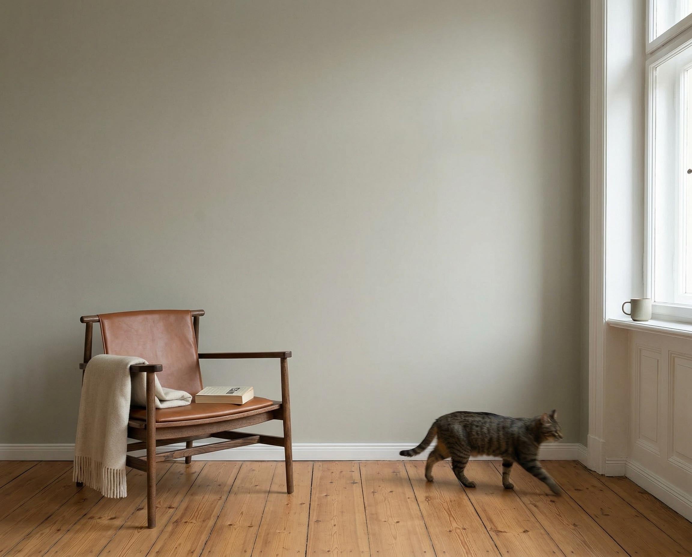 Wohnzimmer mit Wand in re-box Wandfarbe Harbour Grey No. 31 – ausgewogenes Mittelgrau
