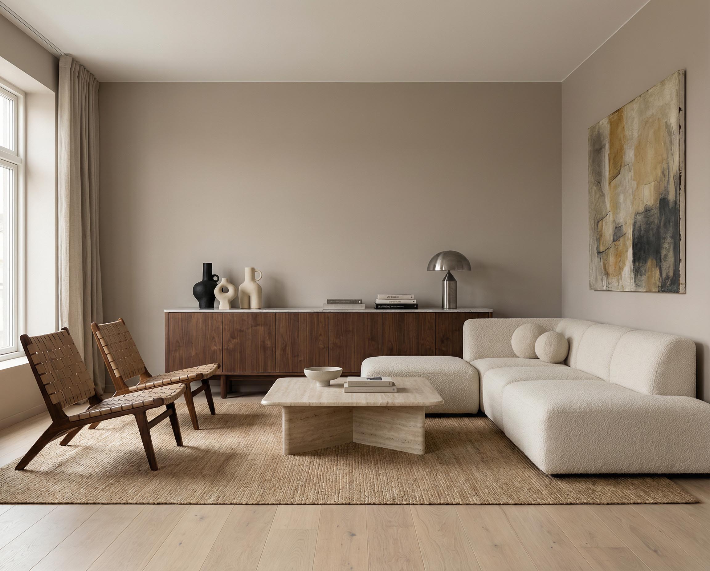 Wohnzimmer mit Re-Box Wandfarbe Hippo Shade No. 19 in warmem, zeitlosem Neutralton
