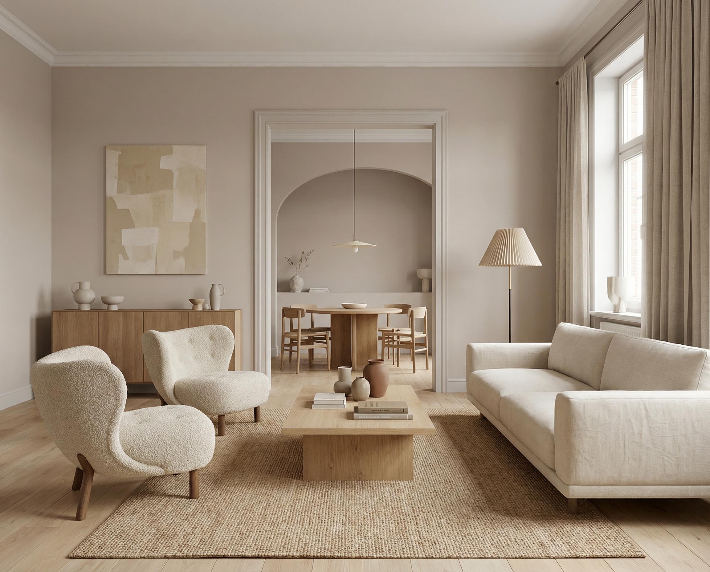 Wohnzimmer mit Re-Box Wandfarbe Hippo Shade No. 19 in warmem, ruhigem Neutralton