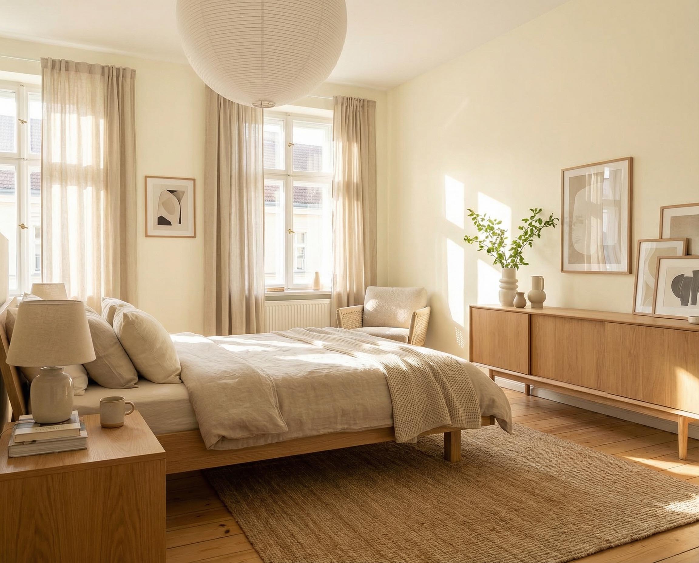 Schlafzimmer mit Re-Box Wandfarbe Linen Veil No. 11 in hellem, warmem Farbton