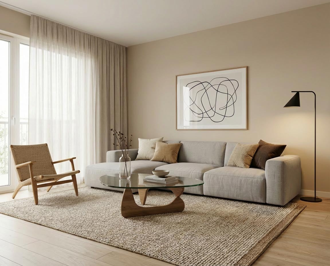 Wohnzimmerwand in re-box Wandfarbe Linen Wash No. 2 – warmes Beige