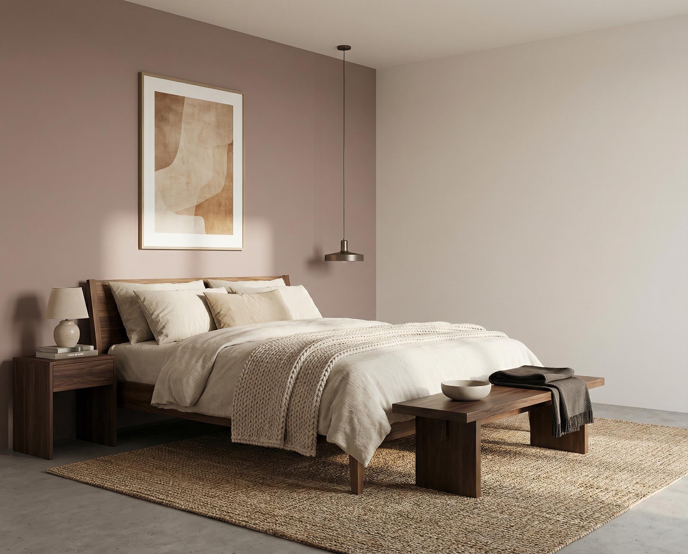 Schlafzimmer mit Wand in re-box Wandfarbe Muted Rose No. 29 – gedämpftes Rosé