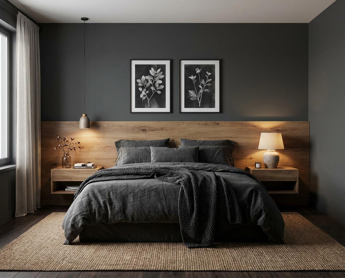 Schlafzimmer mit Wand in re-box Wandfarbe Nuit de Cendre No. 48 – tiefes Anthrazit-Schwarz