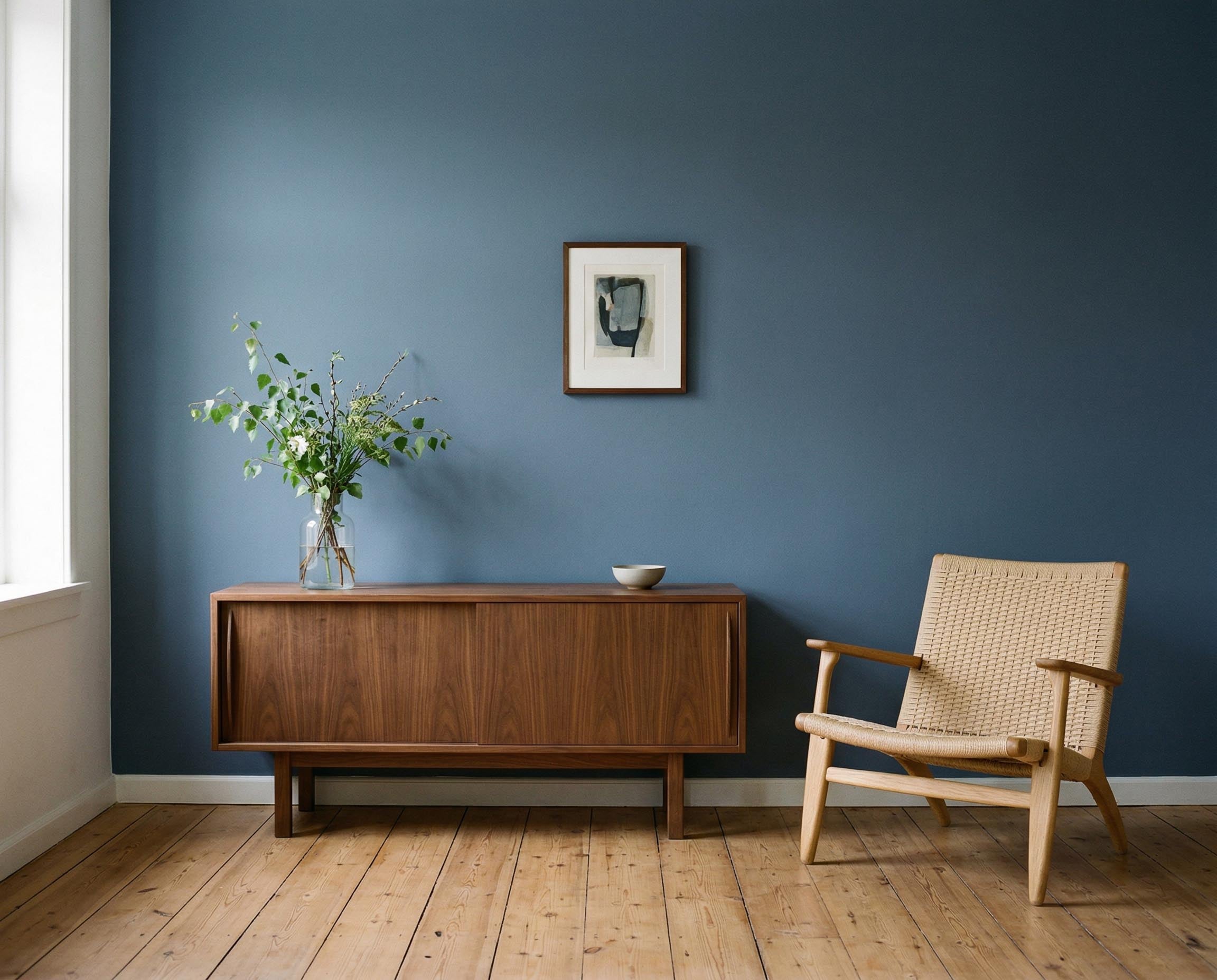 Wohnzimmer mit Wand in re-box Wandfarbe Océan Nuit No. 65 – tiefes Ozeanblau