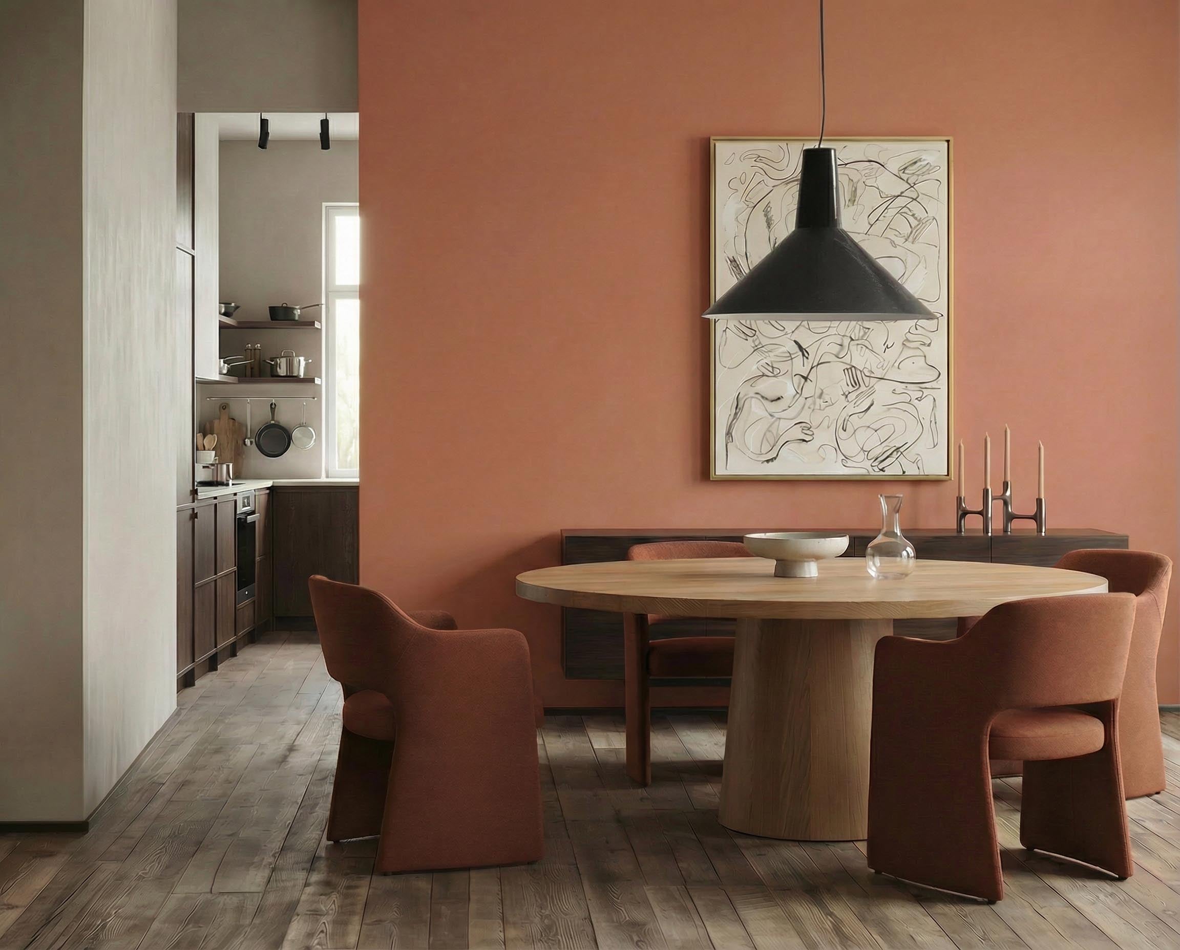 Esszimmer mit Wand in re-box Wandfarbe Ochre Flame No. 23 – intensives Ockerorange