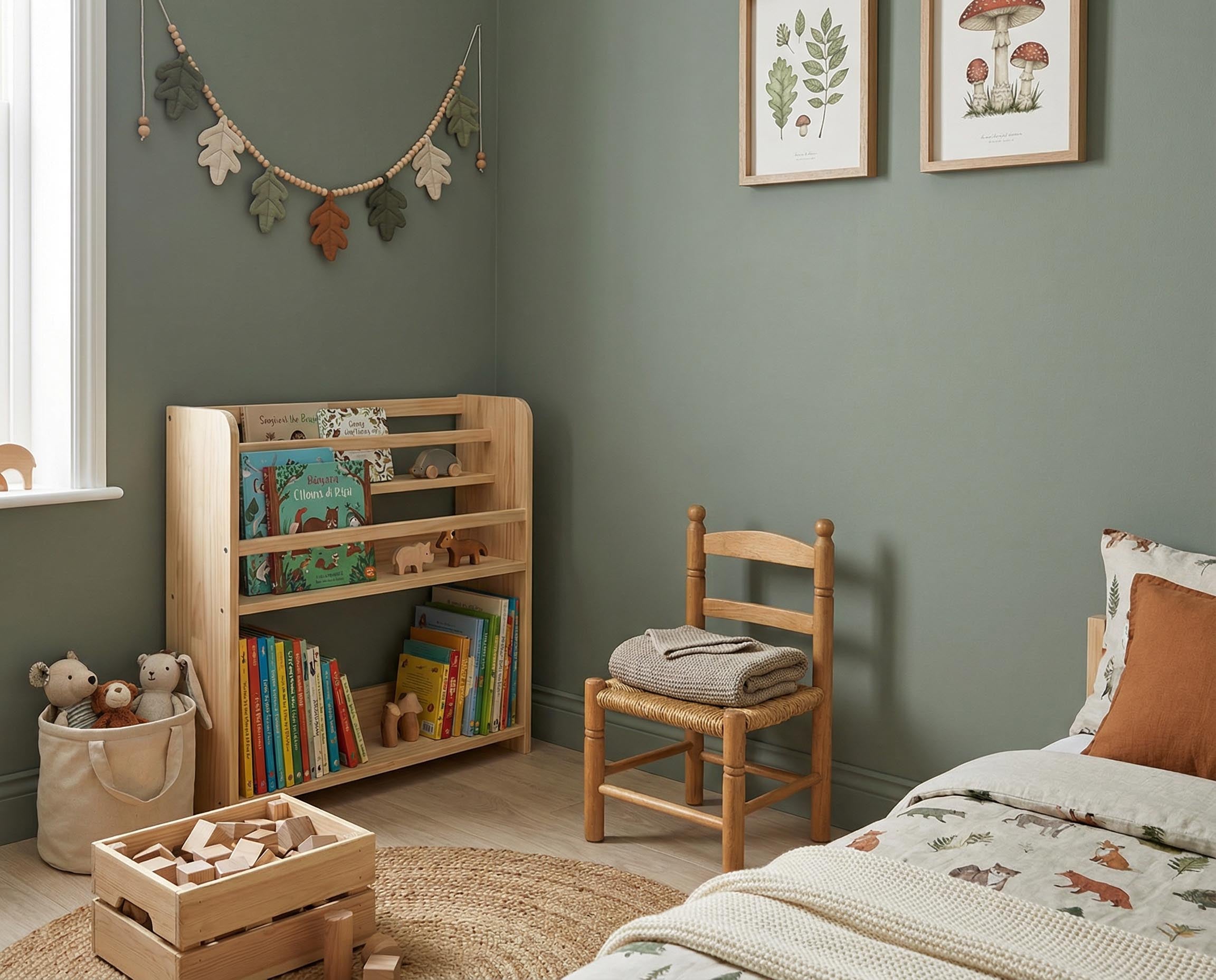 Kinderzimmer mit Wand in re-box Wandfarbe Olive Drift No. 7 – erdiges Olivgrün