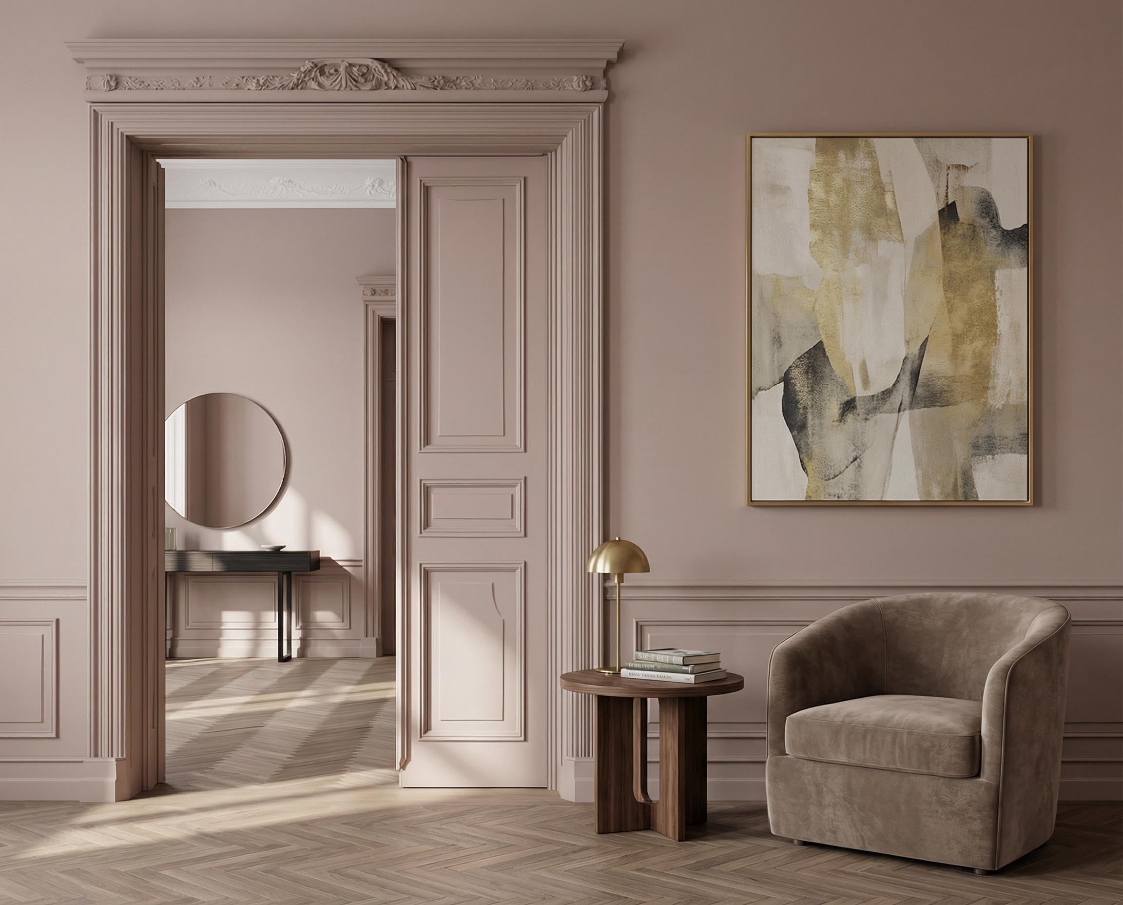 Wohnraum gestaltet mit re-box Wandfarbe Rose Ash No. 13 – zartes Rosé