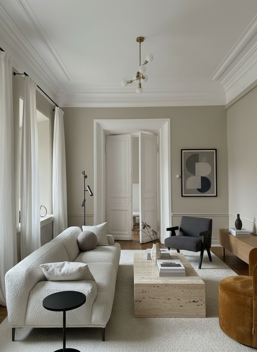 Wohnraum mit Wand in re-box Wandfarbe Harbour Grey No. 31