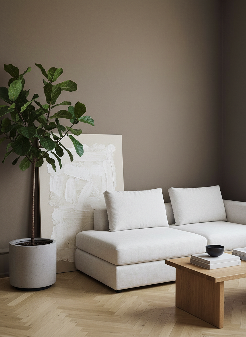 Wohnraum mit Wand in re-box Wandfarbe Velours Brun No. 50 – warmer Erdton
