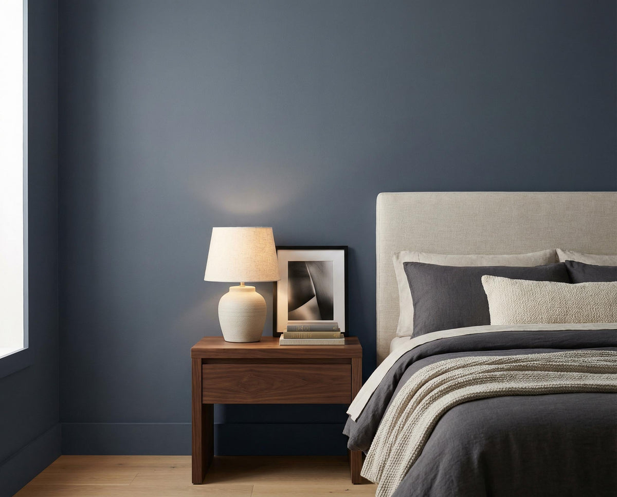 Schlafzimmer mit Akzentwand in re-box Wandfarbe Blue Dark No. 27 – tiefes, sattes Blau